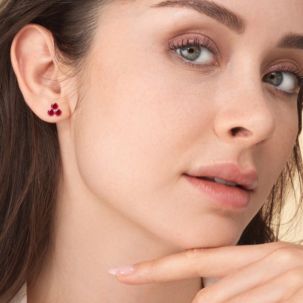 Model Wearing Ruby Classic Three Stone Cluster Earrings view