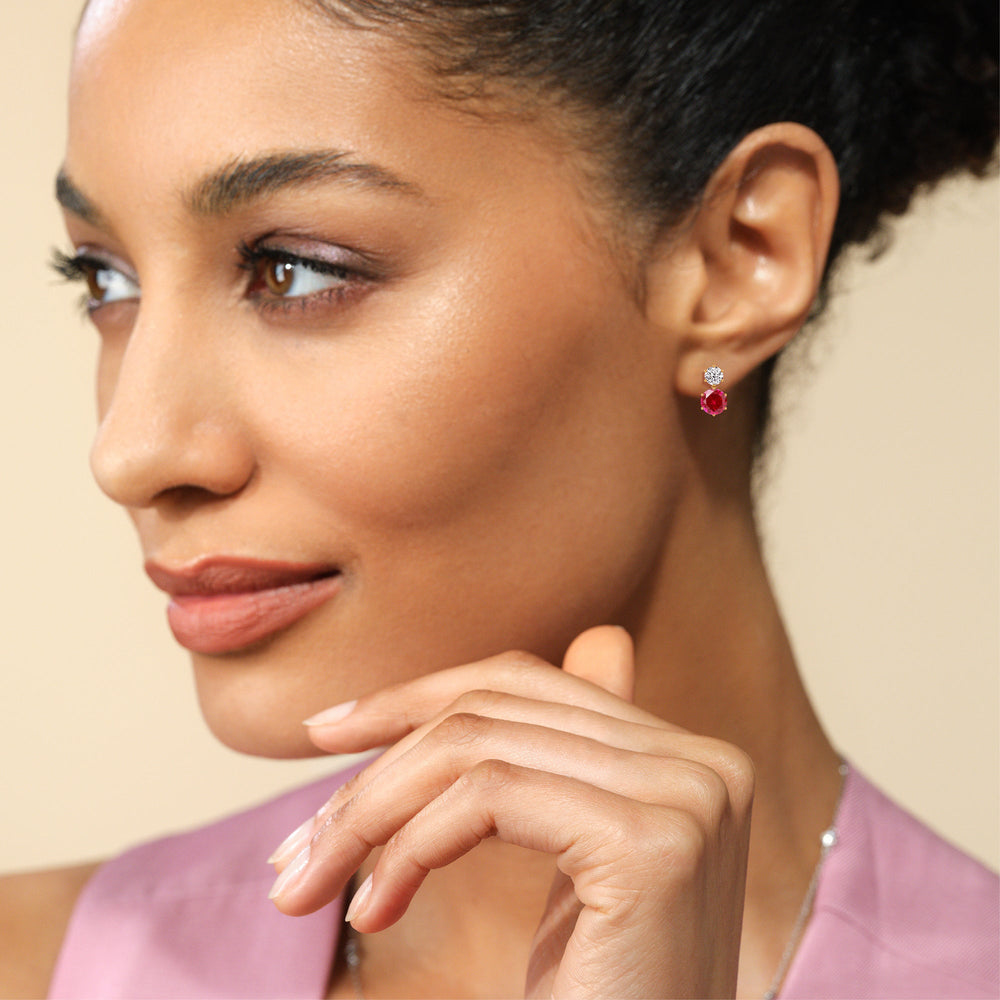 Model Wearing Ruby and Diamond Duo Stud Earrings view