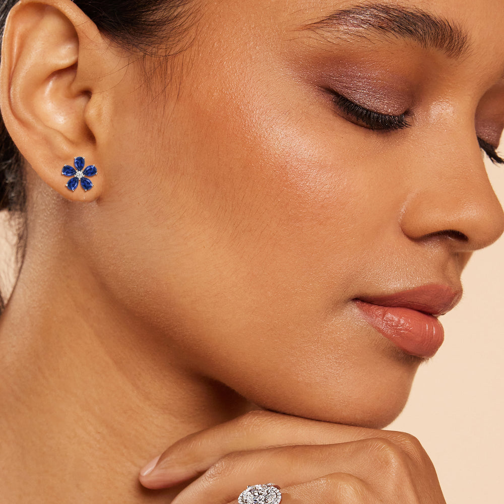 Model Wearing Sapphire and Diamond Daisy Studs view
