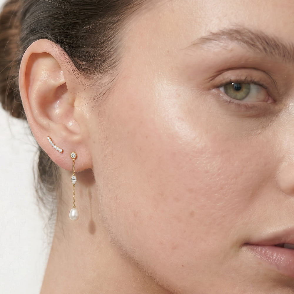 Pearl Chain Drop Earrings with Sterling Silver / Lab / 1/4 Cut Diamond in 14KT Sterling Silver / Lab / 1/4 view 3

