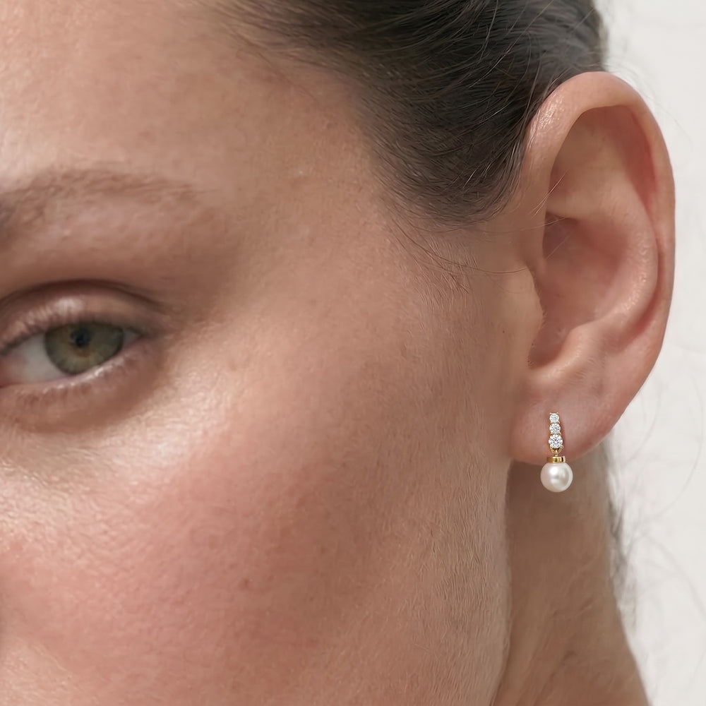 Pearl Trio Drop Earrings with Sterling Silver / Lab / 1/8 Cut Diamond in 14KT Sterling Silver / Lab / 1/8 view 2
