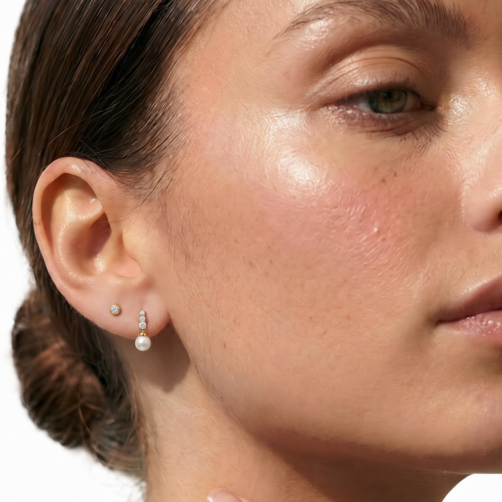 Pearl Trio Drop Earrings with Sterling Silver / Lab / 1/8 Cut Diamond in 14KT Sterling Silver / Lab / 1/8 view 3
