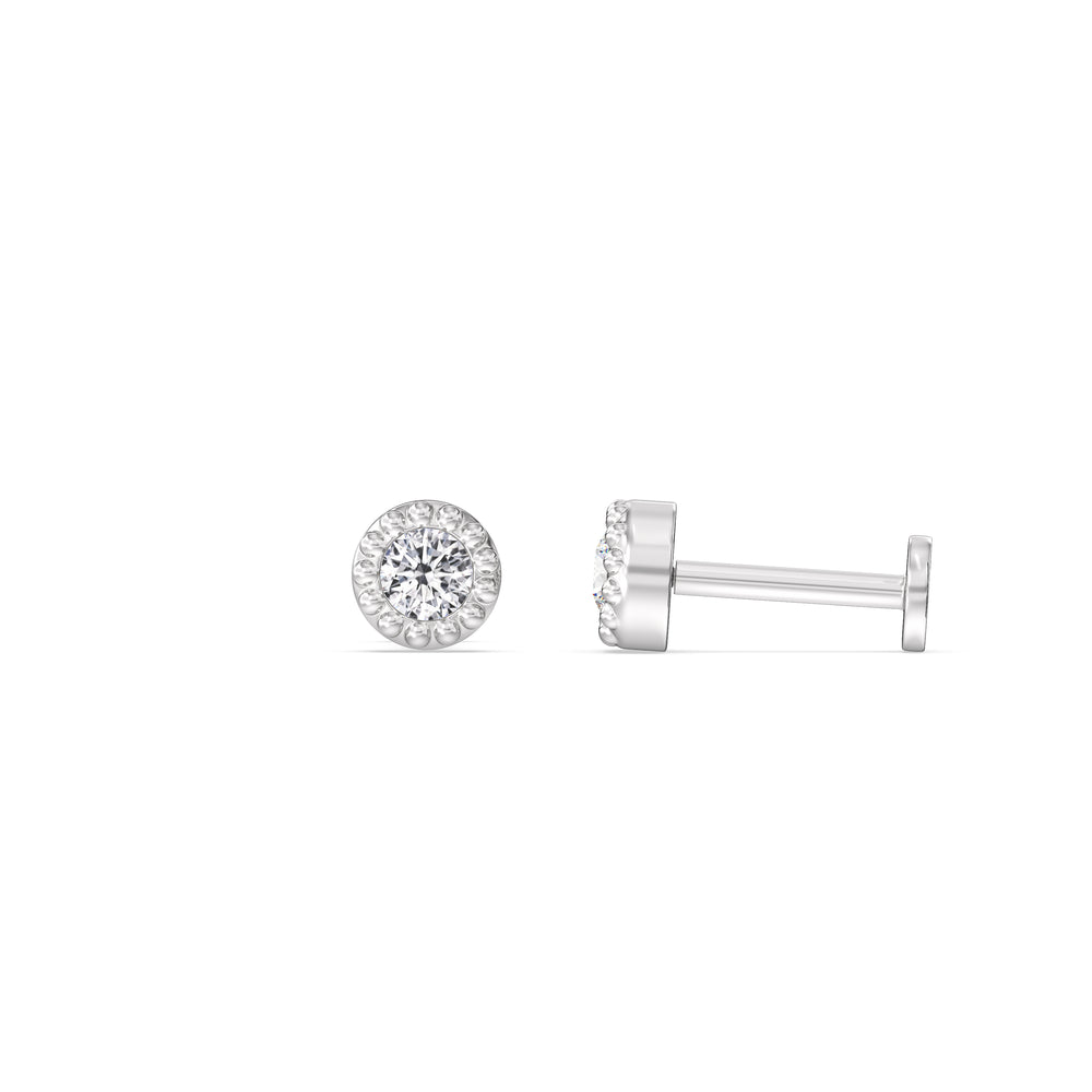 Round Beaded Flatback Studs with 14KT White Gold / Single Cut Diamond in 14KT White Gold / Single view 4
