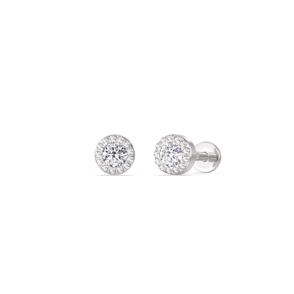 Round Beaded Flatback Studs with 14KT White Gold / Single Cut Diamond in 14KT White Gold / Single view 1
