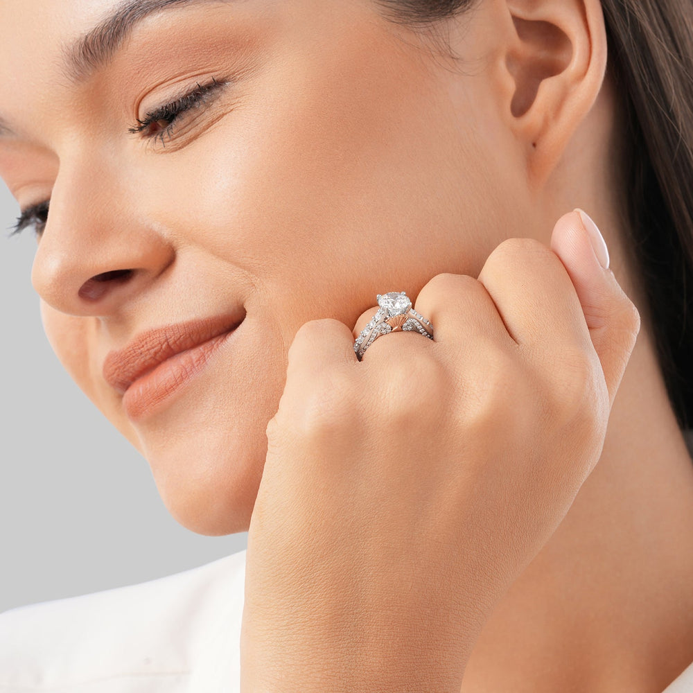 Model Wearing Enchanted Star Lab Grown Diamond 14K Gold Ariel Filigree Engagement Ring view
