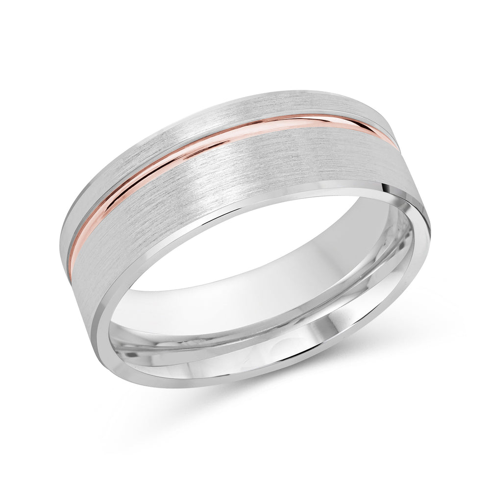 Two Tone Grooved Side Men's Band with 18KT White & Rose Gold / 8 Cut Diamond in 14KT White & Rose Gold / 8 view 1
