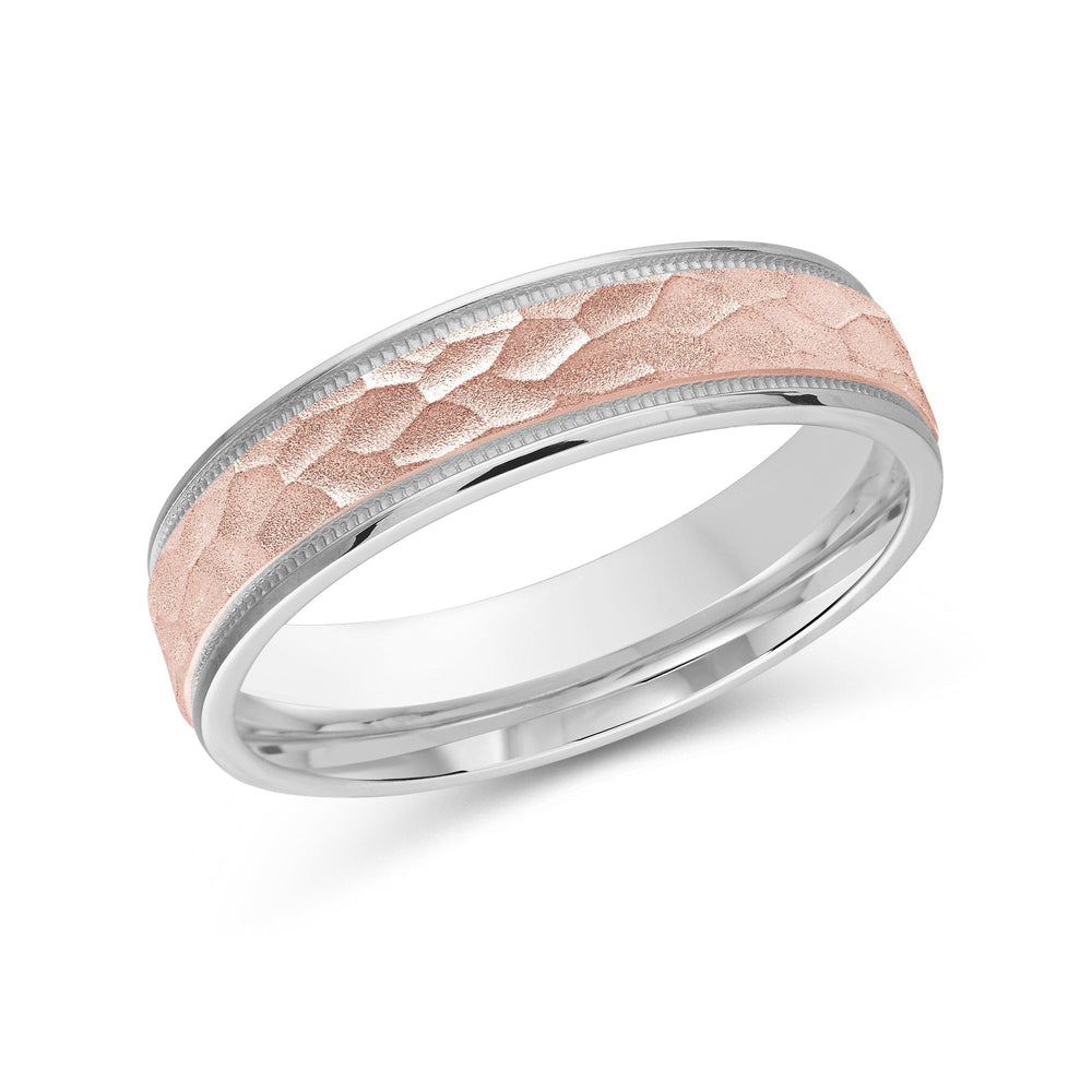 Two Tone Hammered Men's Band with 18KT White & Rose Gold / 5 Cut Diamond in 14KT White & Rose Gold / 5 view 2
