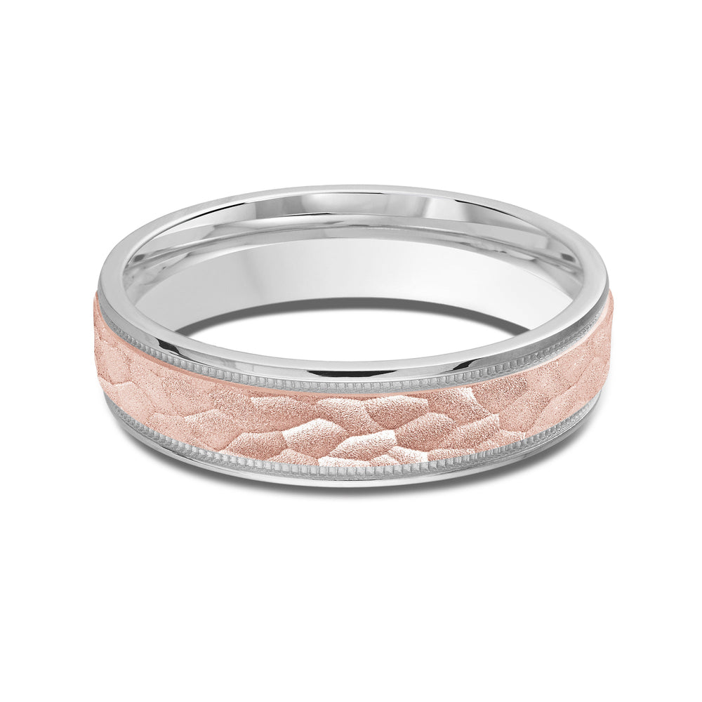 Two Tone Hammered Men's Band with 18KT White & Rose Gold / 5 Cut Diamond in 14KT White & Rose Gold / 5 view 1

