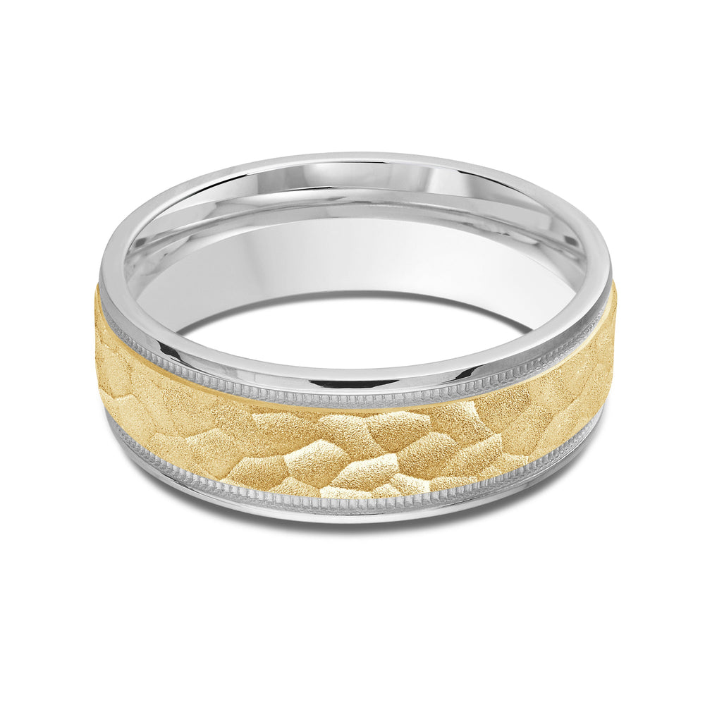 Two Tone Hammered Men's Band with 18KT White & Yellow Gold / 7 Cut Diamond in 14KT White & Yellow Gold / 7 view 1
