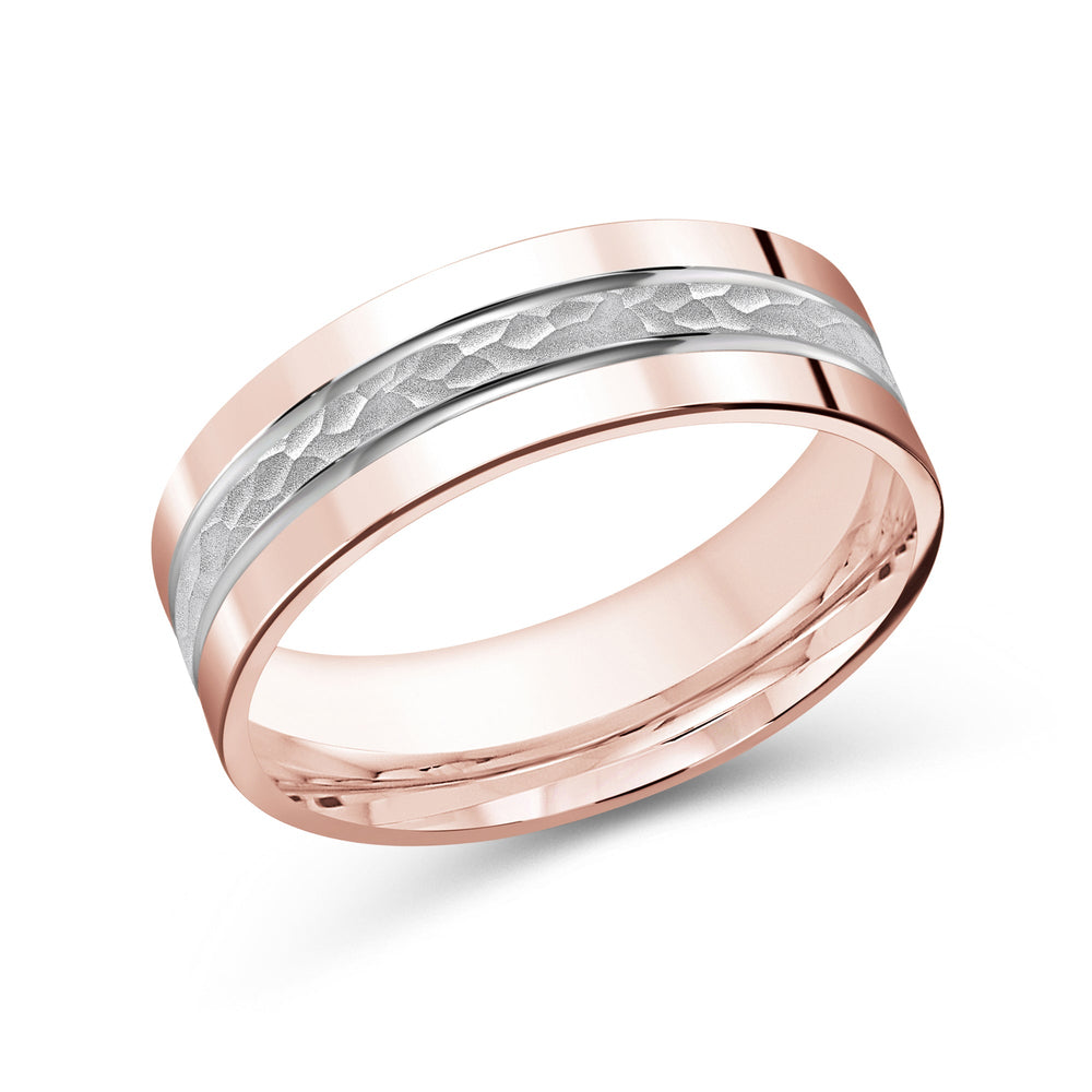 Two Tone Hammered Horizon Men's Band with 18KT Rose & White Gold / 7 Cut Diamond in 14KT Rose & White Gold / 7 view 1
