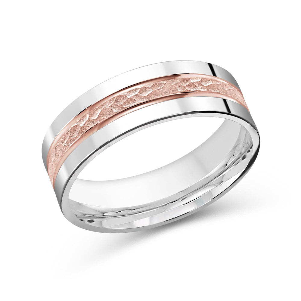 Two Tone Hammered Horizon Men's Band with 18KT White & Rose Gold / 7 Cut Diamond in 14KT White & Rose Gold / 7 view 1
