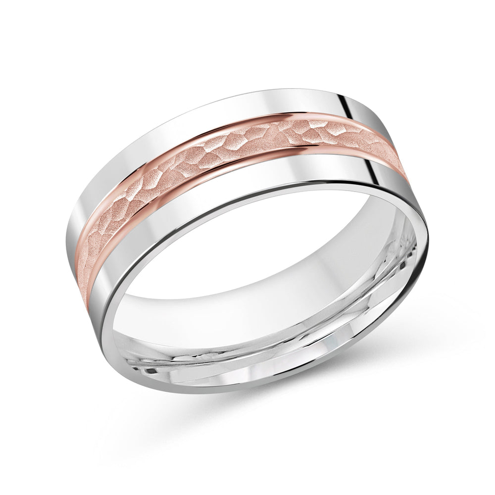 Two Tone Hammered Horizon Men's Band with 18KT White & Rose Gold / 8 Cut Diamond in 14KT White & Rose Gold / 8 view 1
