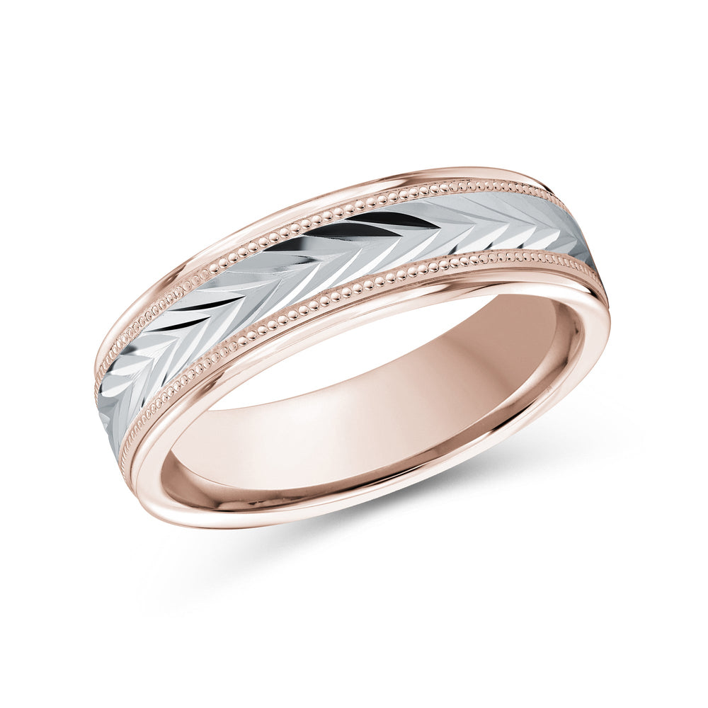 Two Tone Chevron Milgrain Men's Band with 18KT Rose & White Gold / 6 Cut Diamond in 14KT Rose & White Gold / 6 view 1
