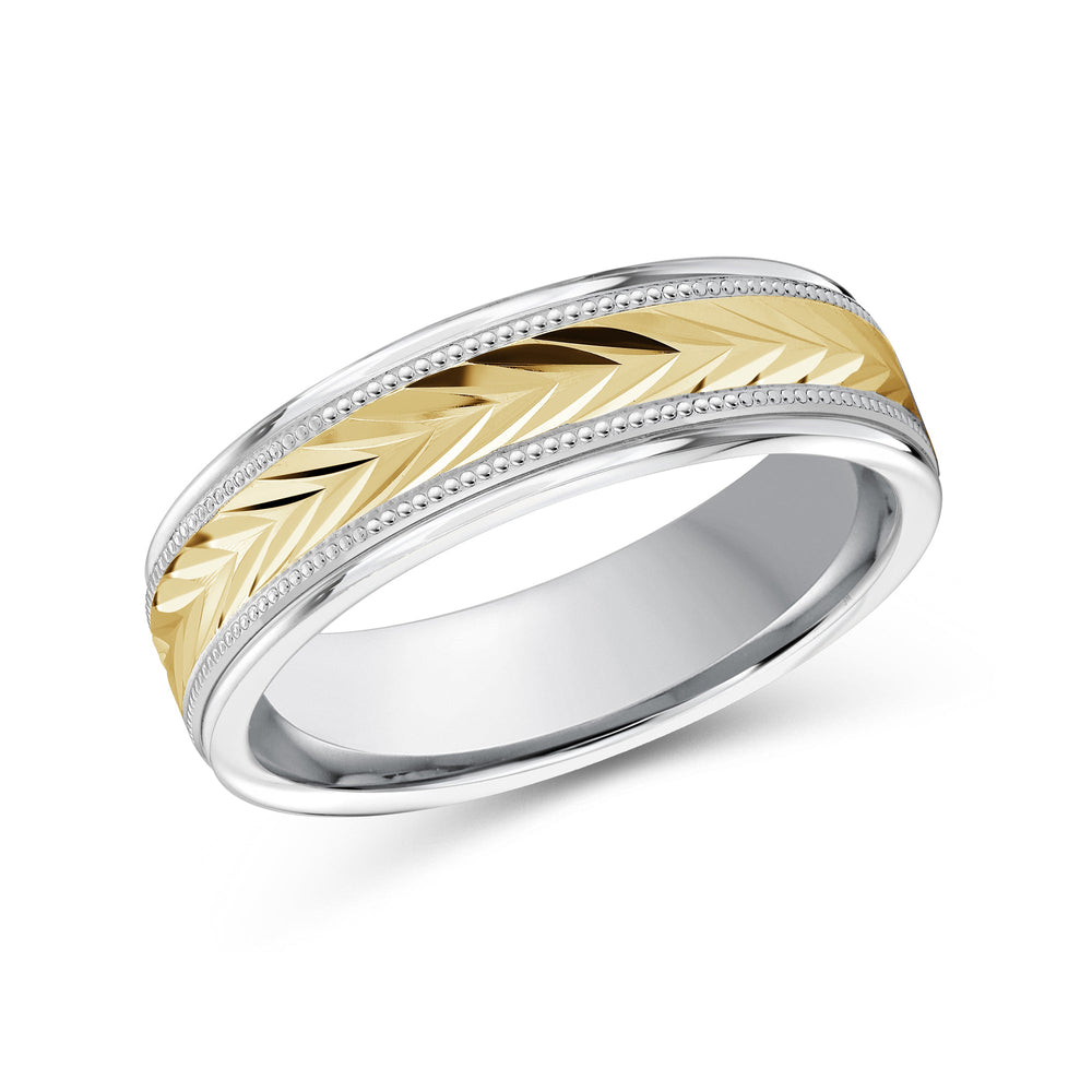 Two Tone Chevron Milgrain Men's Band with 18KT White & Yellow Gold / 6 Cut Diamond in 14KT White & Yellow Gold / 6 view 1
