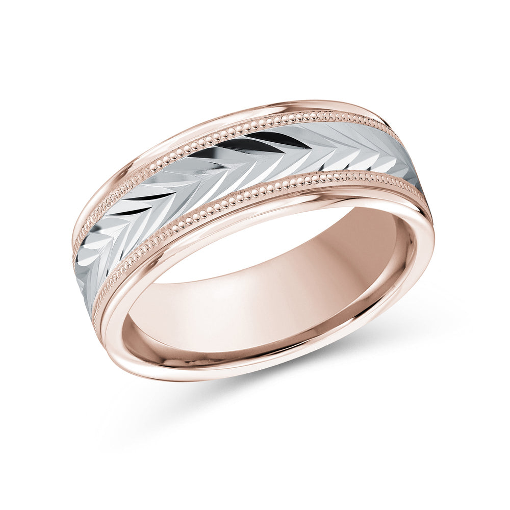 Two Tone Chevron Milgrain Men's Band with 18KT Rose & White Gold / 8 Cut Diamond in 14KT Rose & White Gold / 8 view 1
