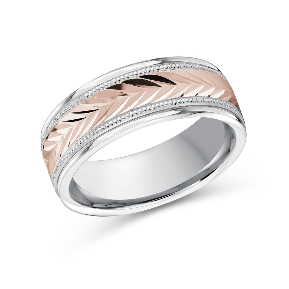 Two Tone Chevron Milgrain Men's Band with 18KT White & Rose Gold / 8 Cut Diamond in 14KT White & Rose Gold / 8 view 1
