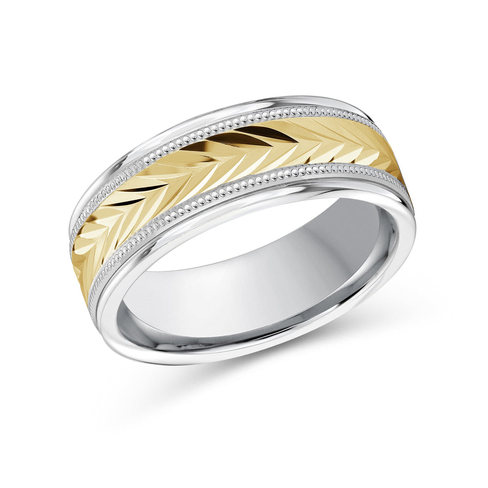 Two Tone Chevron Milgrain Men's Band with 18KT White & Yellow Gold / 8 Cut Diamond in 14KT White & Yellow Gold / 8 view 1
