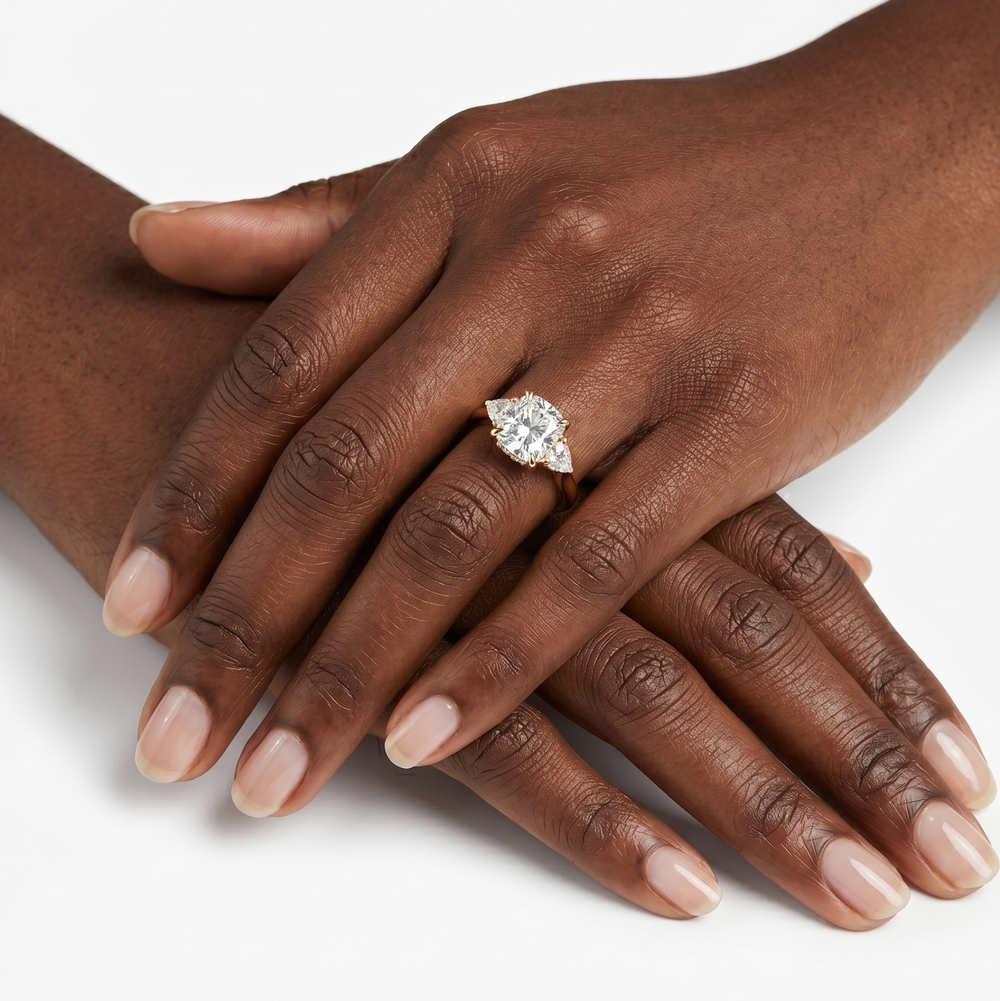 Elegance Trillion Side Stone Engagement Ring with Oval Cut Diamond in 14KT Yellow Gold view 4

