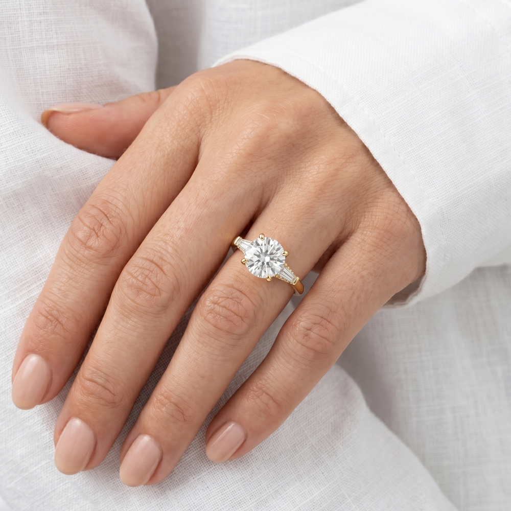 Elegance Baguette Three Stone Engagement Ring with Oval Cut Diamond in 14KT Platinum view 3
