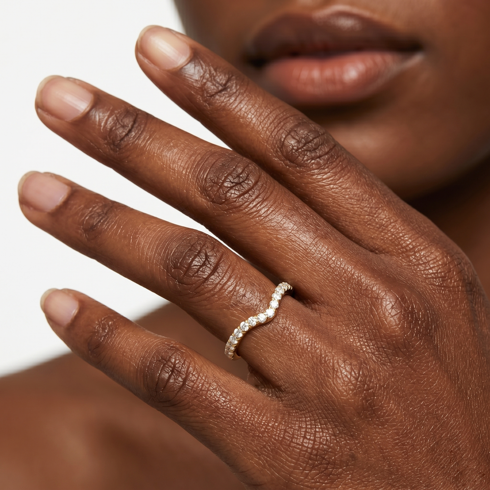Model Wearing The Windsor Half Moon Side Stone Diamond Wedding Band view