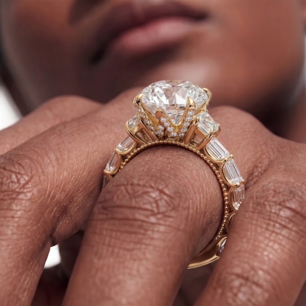 The W Zenith Engagement Ring with Cushion Cut Diamond in 14KT Yellow Gold view 3
