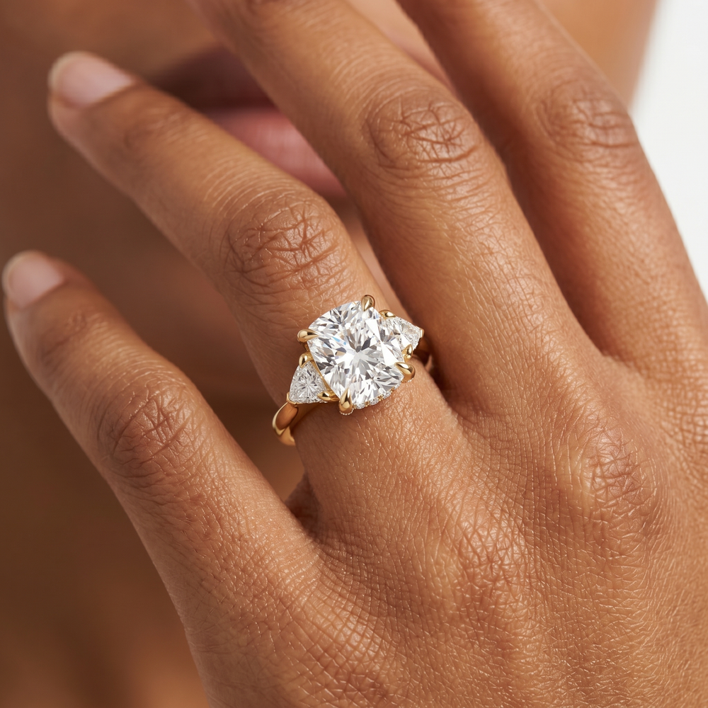 Elegance Trillion Side Stone Engagement Ring with Oval Cut Diamond in 14KT Rose Gold view 3

