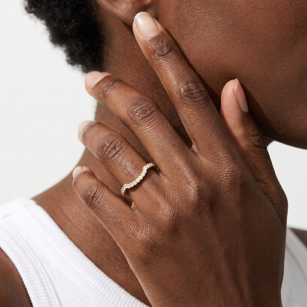 Model Wearing The Windsor Trapezoid Side Stone Diamond Wedding Band view