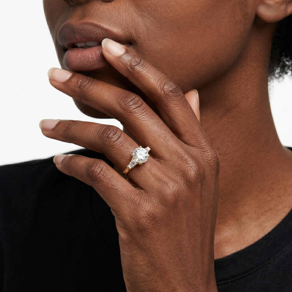 Elegance Baguette Three Stone Engagement Ring with Emerald Cut Diamond in 14KT Rose Gold view 8
