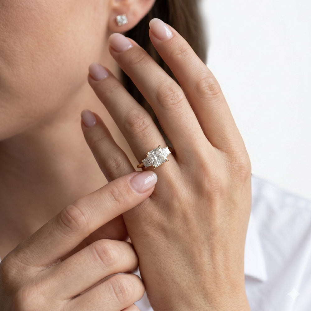 Elegance Trapezoid Side Stone Engagement Ring with Emerald Cut Diamond in 14KT Platinum view 4

