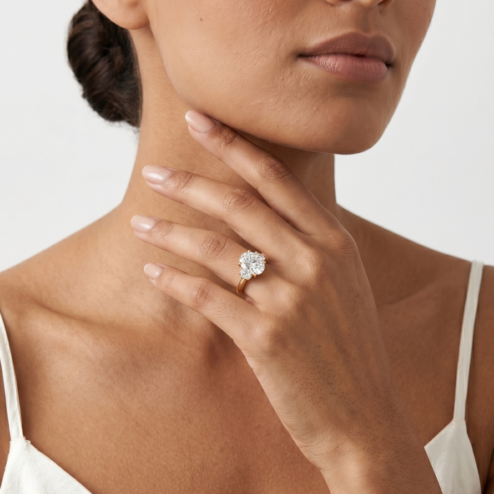 Model Wearing The Windsor Half Moon Side Stone Engagement Ring view