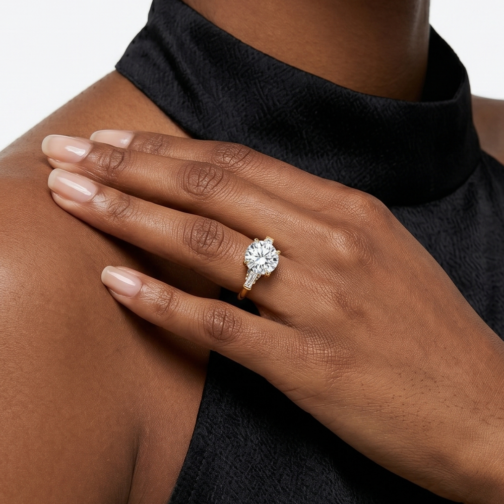 Elegance Baguette Three Stone Engagement Ring with Oval Cut Diamond in 14KT Platinum view 4
