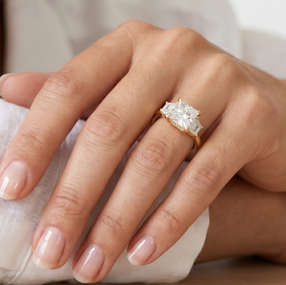 Elegance Trapezoid Side Stone Engagement Ring with Princess Cut Diamond in 14KT Rose Gold view 3
