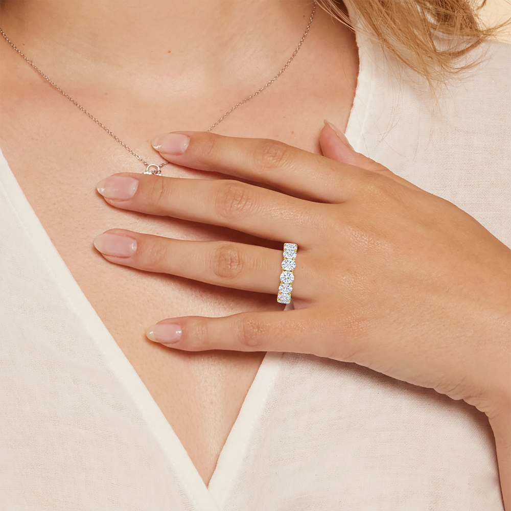 Model Wearing The Roosevelt Three Stone Diamond Wedding Band view