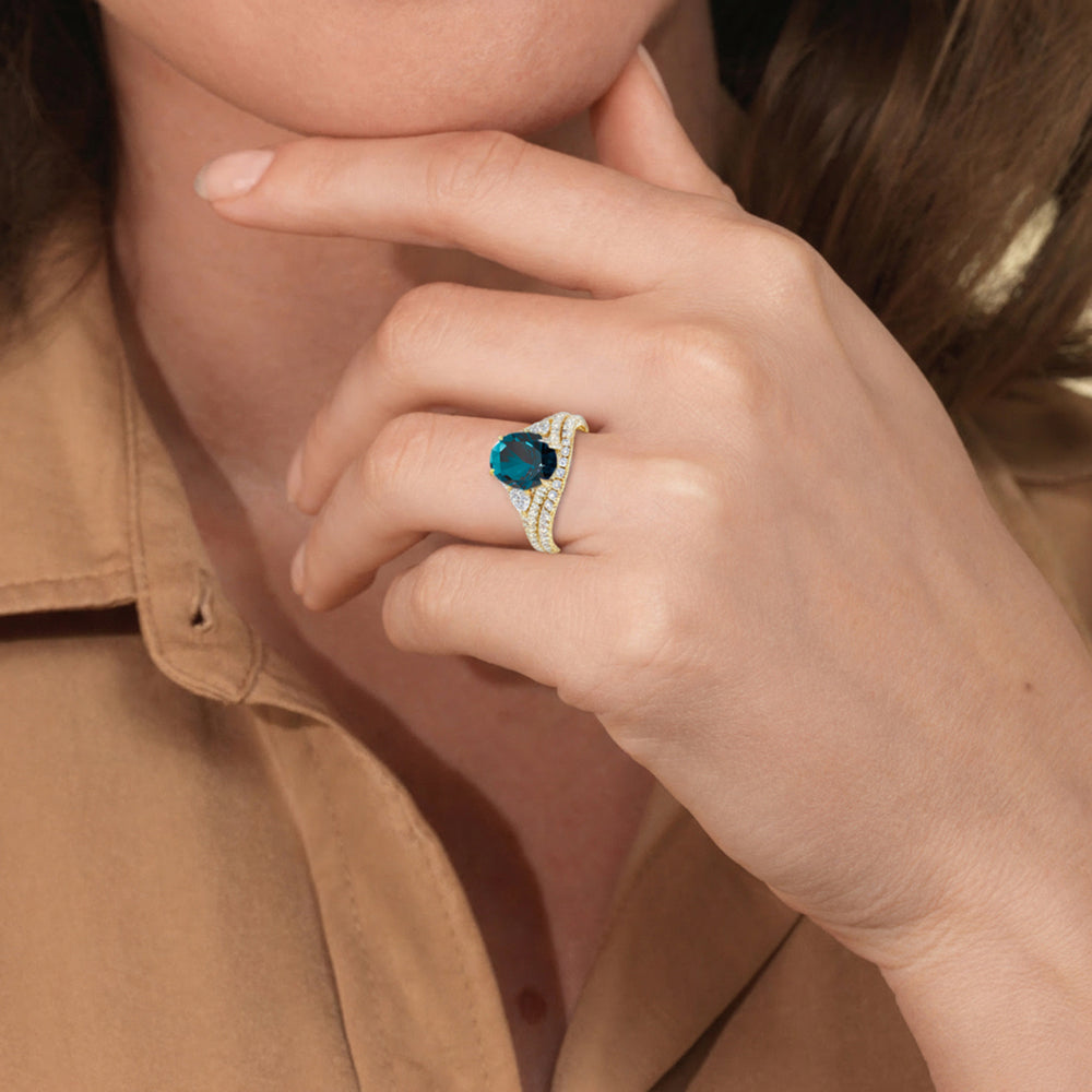 The Viridelle Diamond Wedding Band with Created London Blue Topaz Cut Diamond in 14KT Yellow Gold view 6
