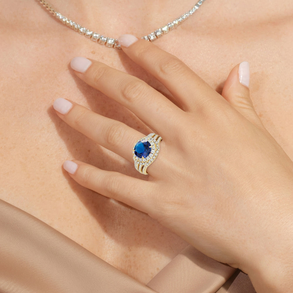 The Azurine Diamond Wedding Band with Created Blue Sapphire Cut Diamond in 14KT Rose Gold view 6
