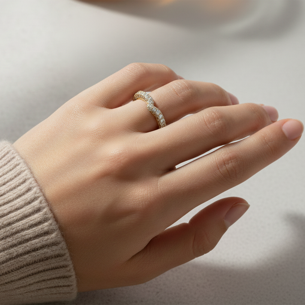 Model Wearing The Tulip Velvet Diamond Wedding Band view