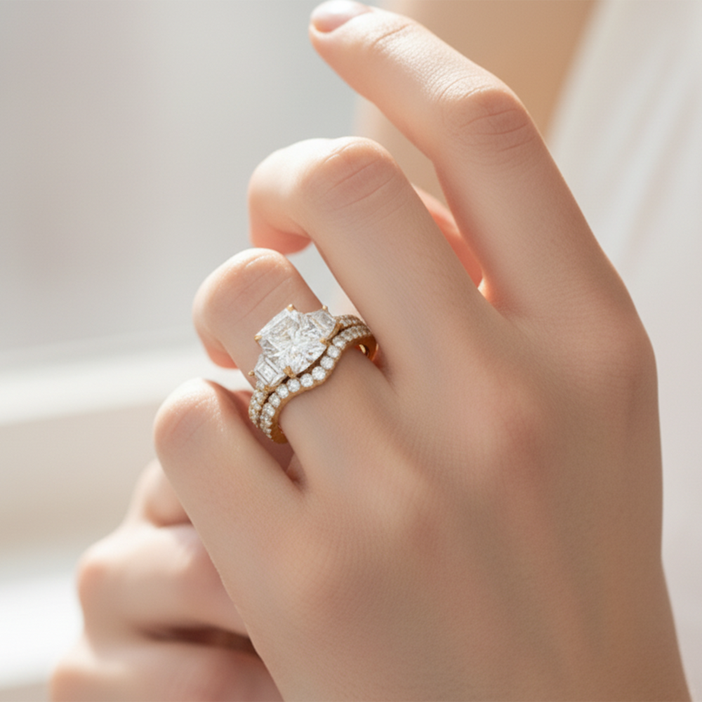 Model Wearing The Tulip Grande Diamond Wedding Band view