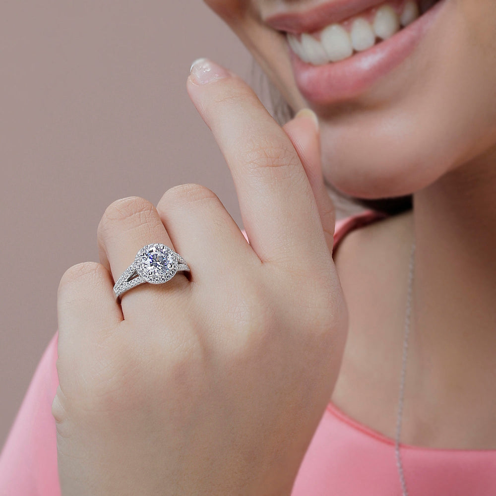 Model Wearing Split Shank French Halo Diamond Engagement Ring with Lab Grown Diamond view