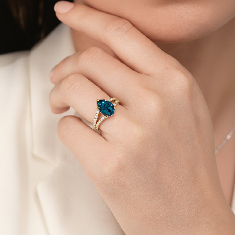 The Celestia Ring with Created London Blue Topaz Cut Diamond in 14KT Yellow Gold view 6

