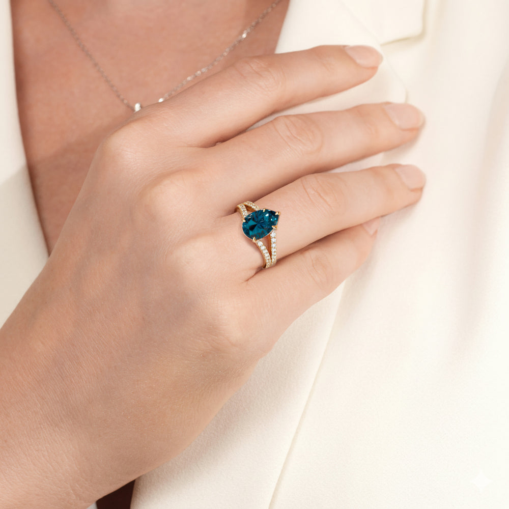 The Celestia Ring with Created London Blue Topaz Cut Diamond in 14KT Rose Gold view 5
