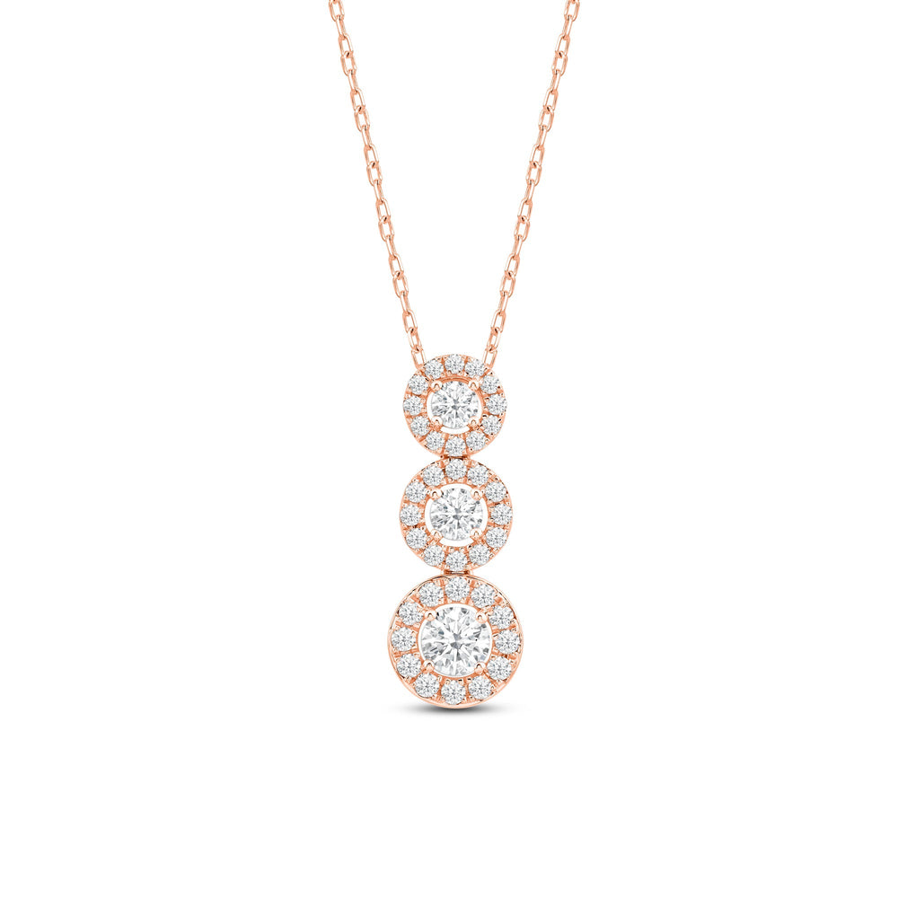 Three Stone Diamond Halo Necklace with 14KT Rose Gold / Lab / 9/10 Cut Diamond in 14KT Rose Gold / Lab / 9/10 view 2
