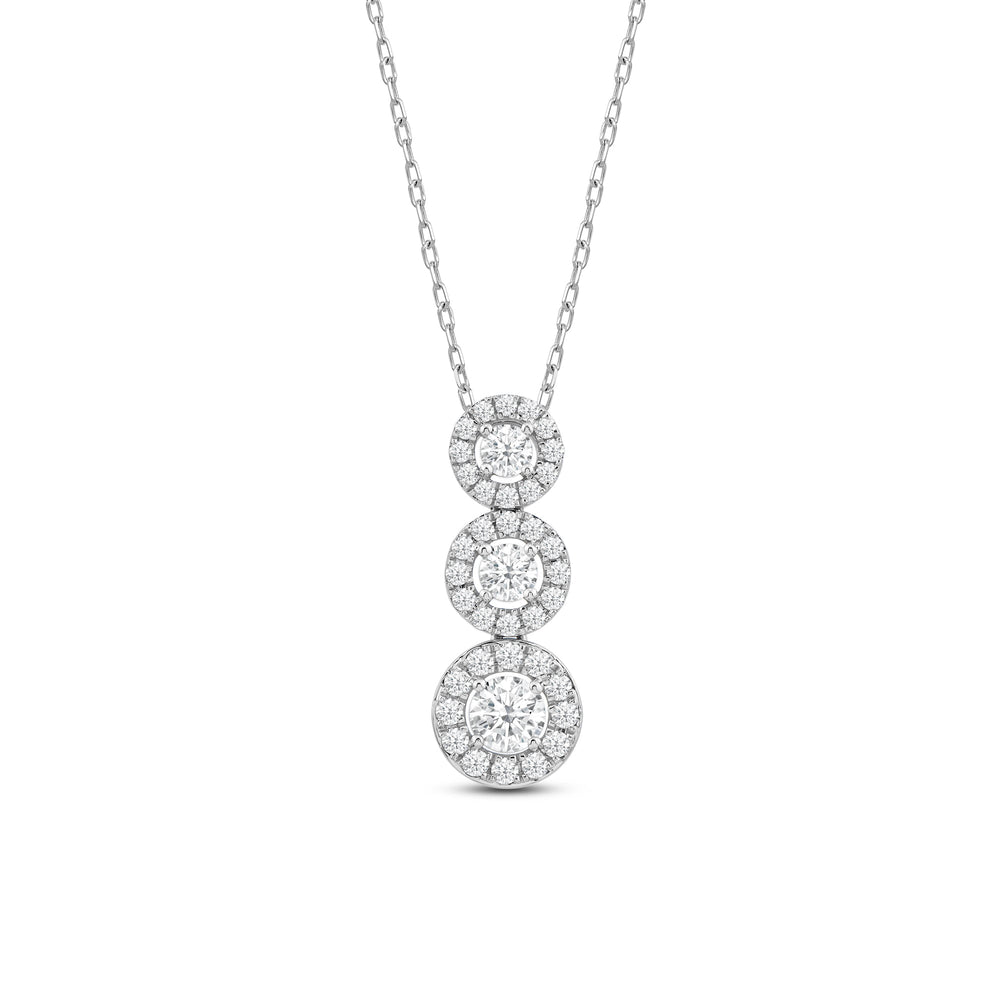 Three Stone Diamond Halo Necklace with 14KT White Gold / Lab / 9/10 Cut Diamond in 14KT White Gold / Lab / 9/10 view 2
