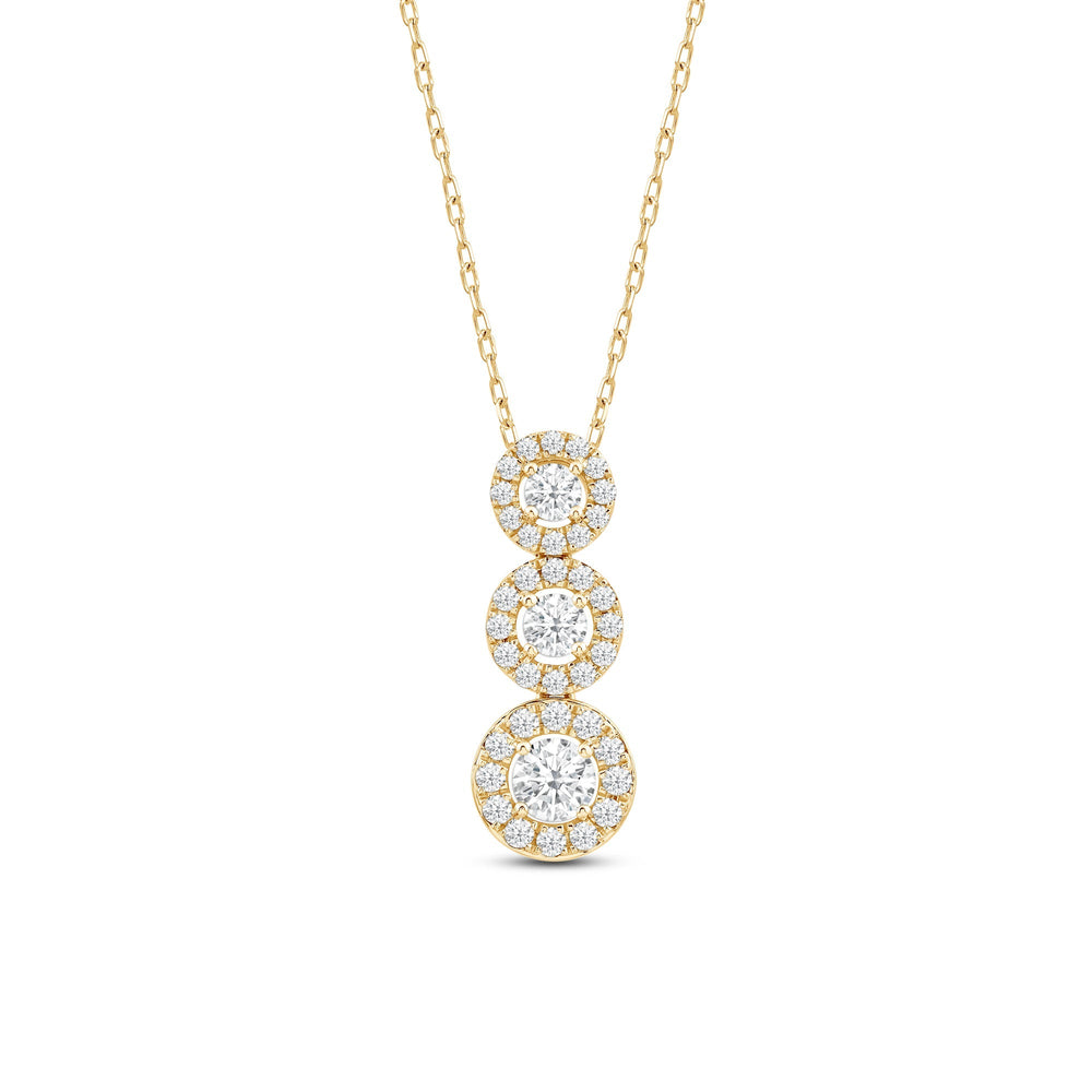 Three Stone Diamond Halo Necklace with 14KT Yellow Gold / Lab / 9/10 Cut Diamond in 14KT Yellow Gold / Lab / 9/10 view 2
