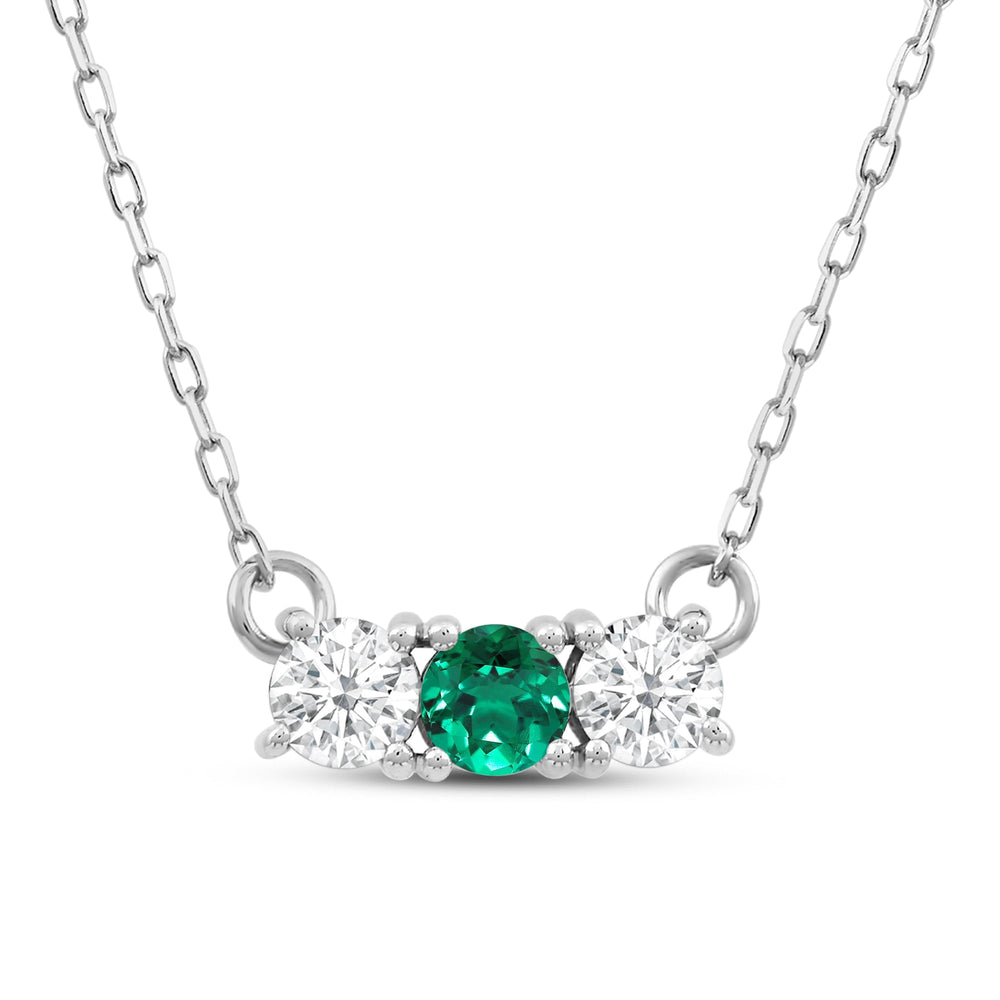 Emerald and Diamond Dainty Three Stone Necklace with Sterling Silver Cut Diamond in 14KT Sterling Silver view 2
