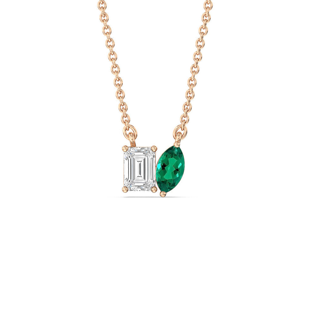 Toi Et Moi Created Emerald Marquise and Emerald Shape Diamond Necklace with 14KT Rose Gold Cut Diamond in 14KT Rose Gold view 1
