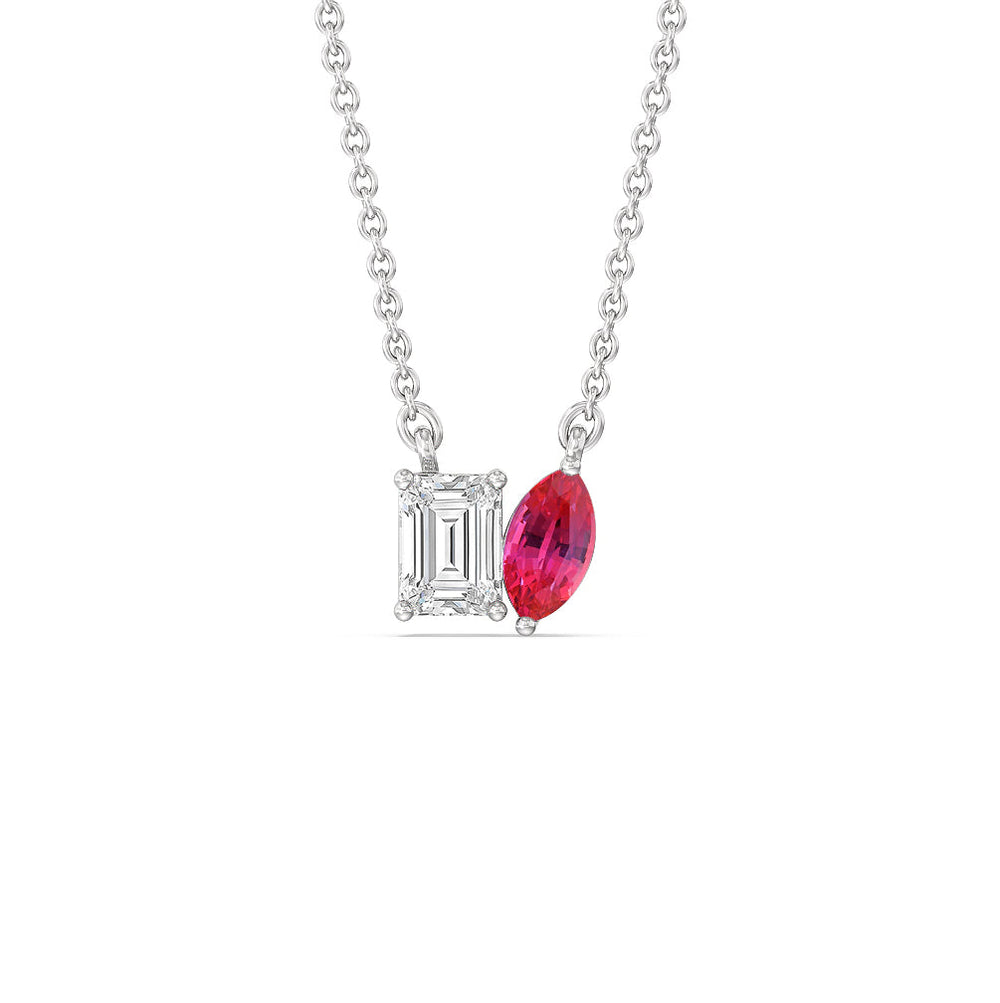 Toi Et Moi Created Ruby Marquise and Emerald Diamond Necklace with 14KT White Gold Cut Diamond in 14KT White Gold view 1
