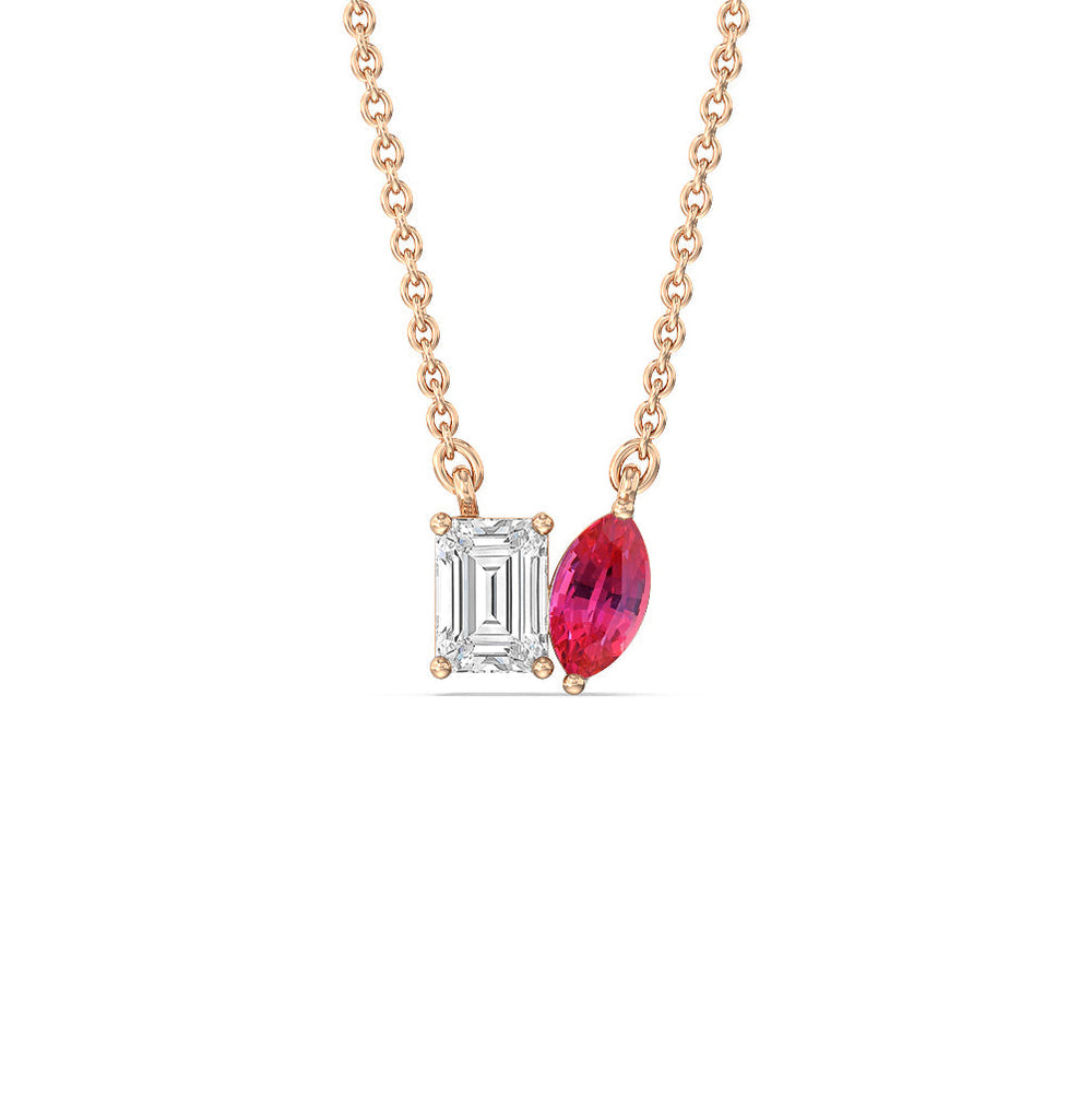 Toi Et Moi Created Ruby Marquise and Emerald Diamond Necklace with 14KT Rose Gold Cut Diamond in 14KT Rose Gold view 1
