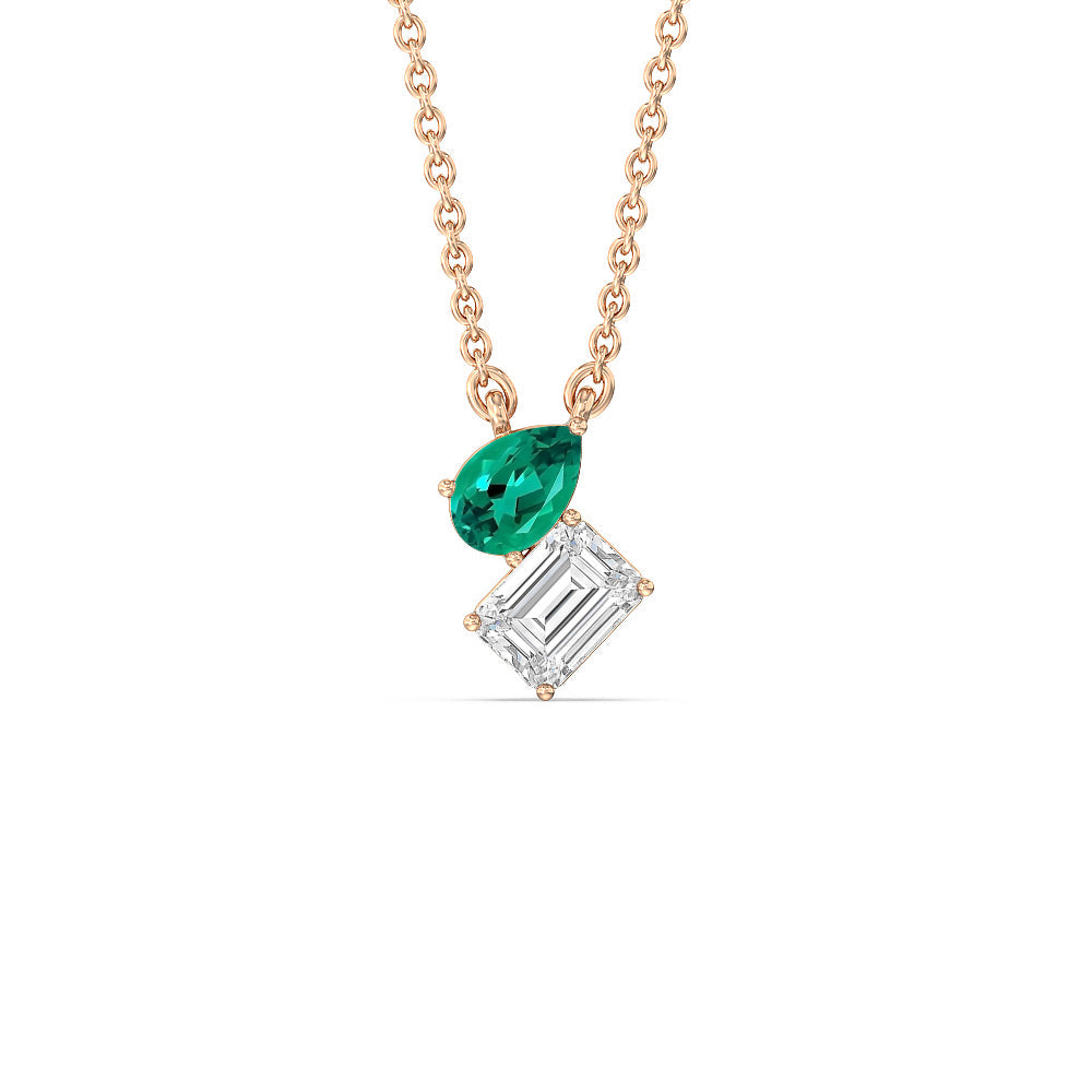 Toi Et Moi Created Emerald Pear and Emerald Shape Diamond Necklace with 14KT Rose Gold Cut Diamond in 14KT Rose Gold view 1
