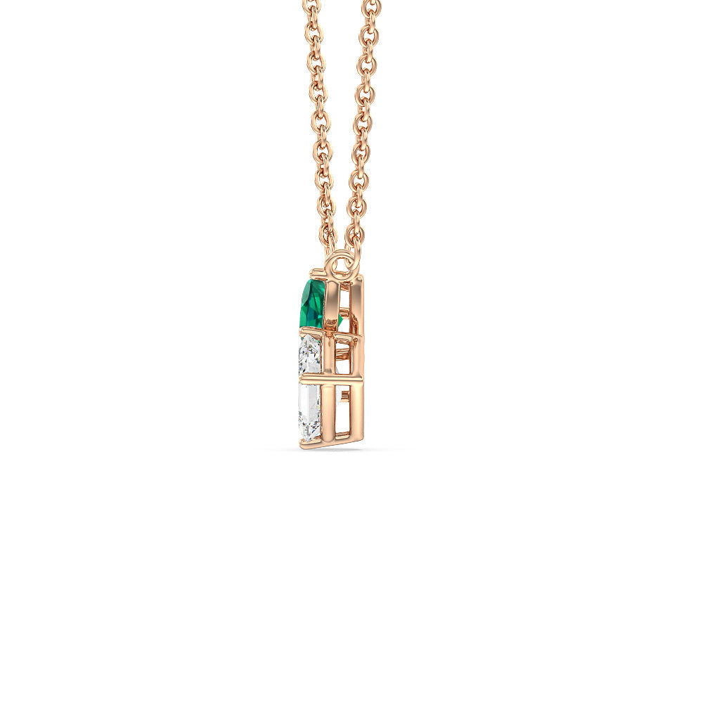 Toi Et Moi Created Emerald Pear and Emerald Shape Diamond Necklace with 14KT Rose Gold Cut Diamond in 14KT Rose Gold view 2
