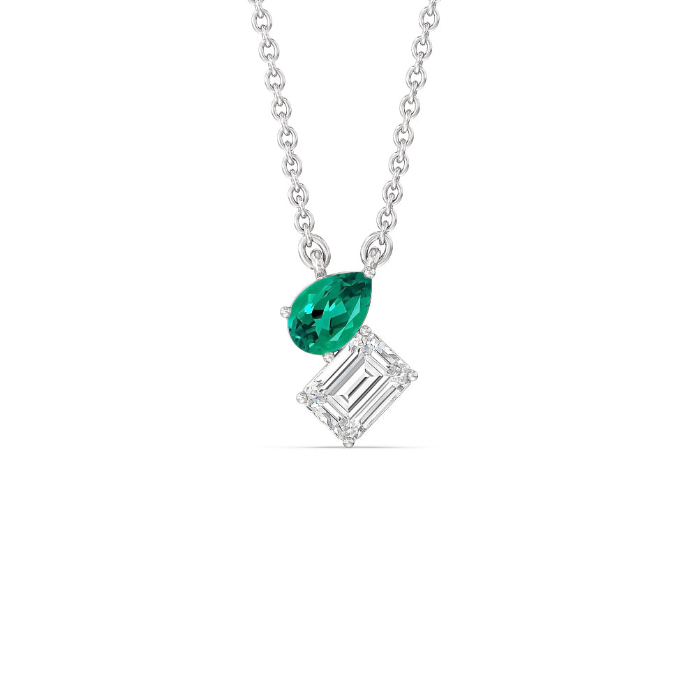 Toi Et Moi Created Emerald Pear and Emerald Shape Diamond Necklace with 14KT White Gold Cut Diamond in 14KT White Gold view 1
